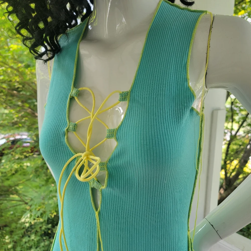 Sleeveless Aqua Lace-Up Bodycon Dress S